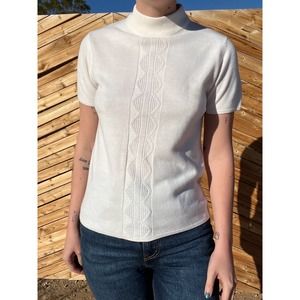 Vintage Ivory Knit Stripe Detail Mock Neck Short Sleeve Knit Sweater Top
